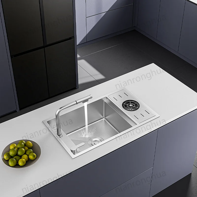 Silver Hidden Kitchen Sink with Cover Plate Folding Faucet Drain