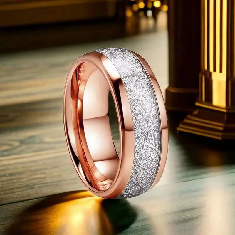 Elegant Rose Gold Vintage-Inspired Meteorite Inlay Men's Stainless Steel Ring - Perfect Wedding Band and Gift