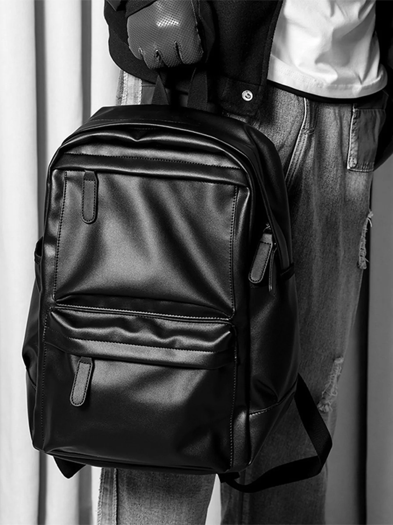 Men's Fashion Backpack PU Leather Waterproof Casual Travel Bag for 14-Inch Laptop S260a76fb7cc1429285d24de643eb1cce5