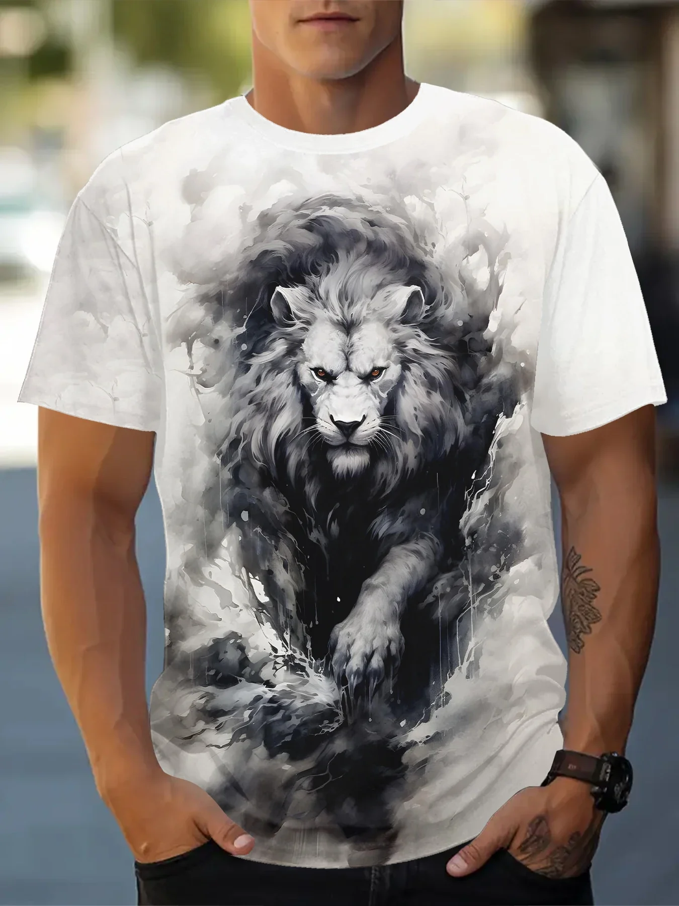 Novelty-Vintage Short-Sleeve Hip Hop Lion Print Mens Oversized T-Shirt O Neck Tees Couple Fashion Streetwear Oversized T-Shirt