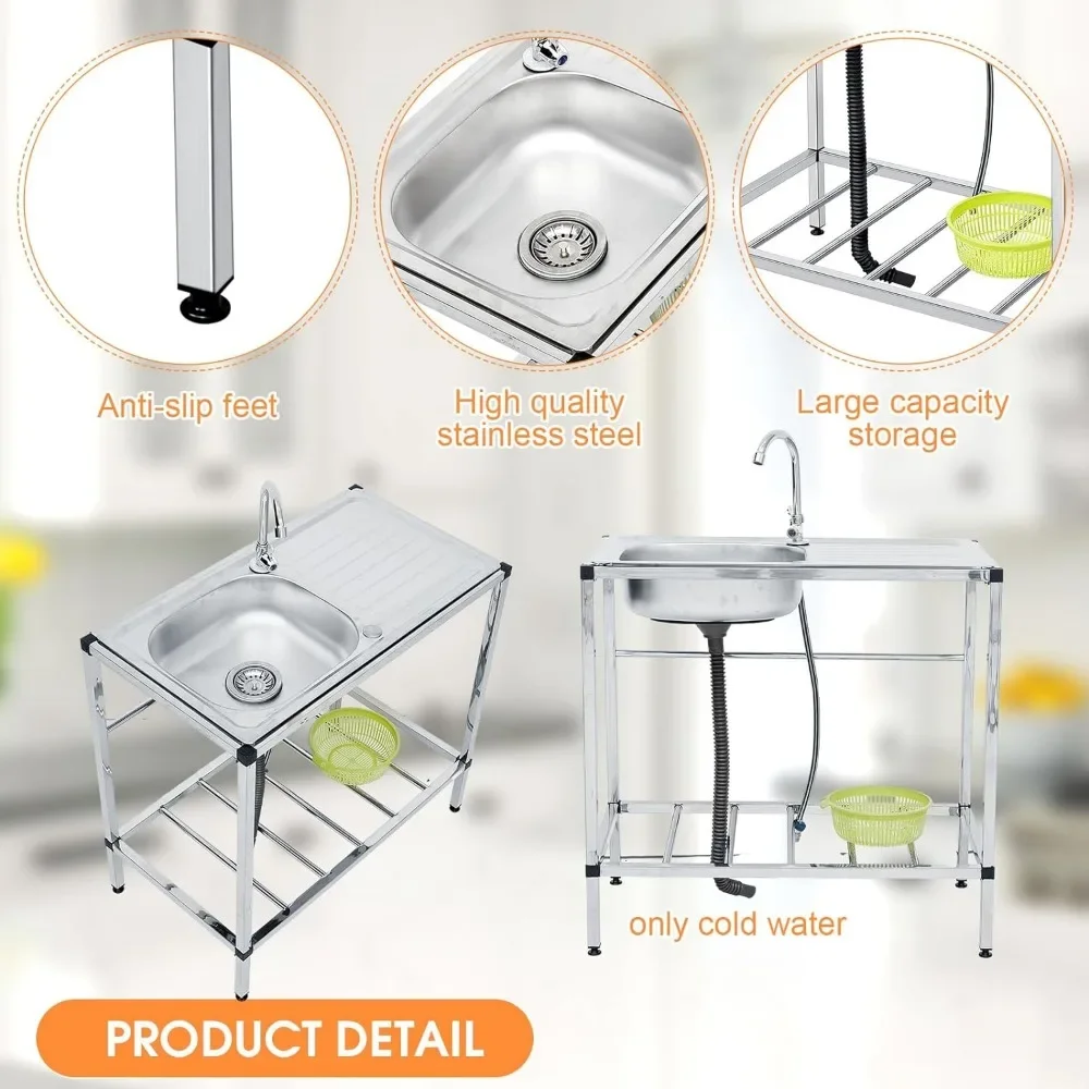 Tandefio Freestanding Outdoor Kitchen Utility Sink Set Stainless Steel Single Bowl Sink Commercial Restaurant Utility Portable