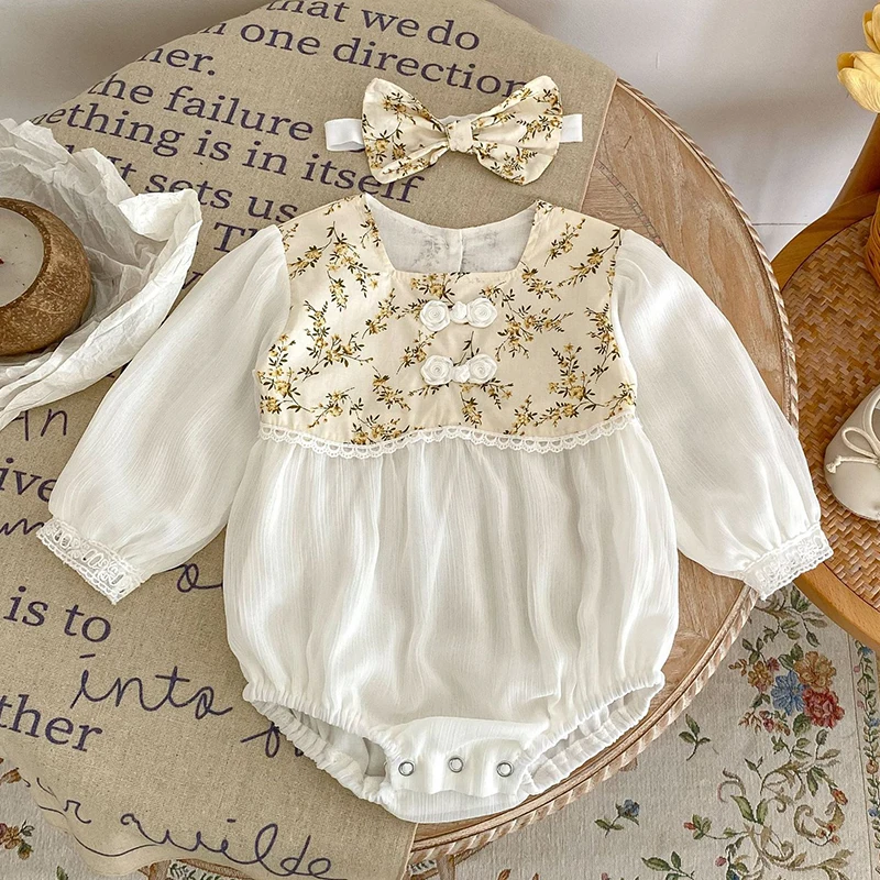 

Chinese Style Infant Baby Girls Long Sleeves Print Jumpsuits Spring Autumn Newborn Kids Baby Girls Children Rompers