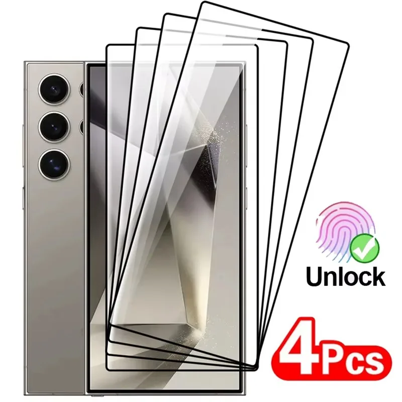 4 Stück Vollflächiger Displayschutz aus Gehärtetem Glas für Samsung Galaxy S25 Ultra S25Plus Fingerabdruck-Entsperrung Bildschirmschutz S24Plus S24 Ultra Glas