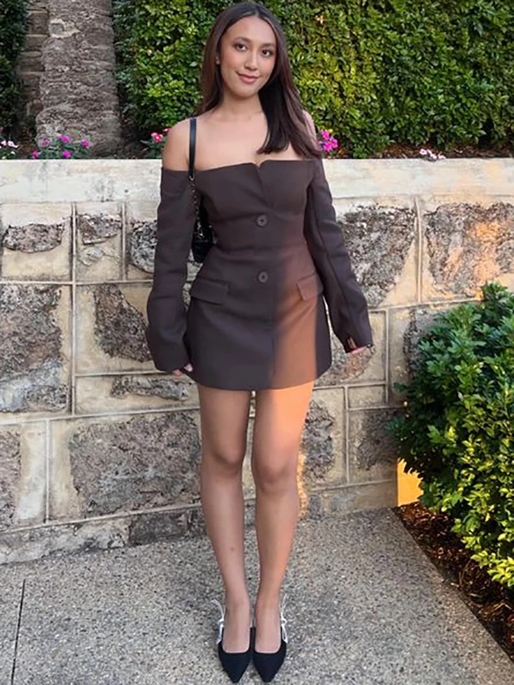 JULISSA MO Sexy Off Shoulder Button Women Dress Yellow Long Sleeve Blazer Dress Female Summer Skinny Elegant Party Clubwear 2025