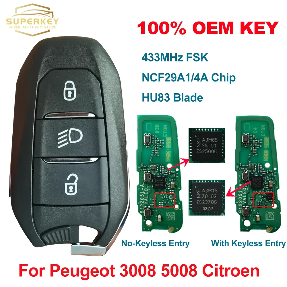 Superkey Originale Per Peugeot 208 308 3008 5008 Citroen C4 C3 Spacetourer 314.85 433Mhz 4A Chip Faro Smart Car Oem Key Im3A