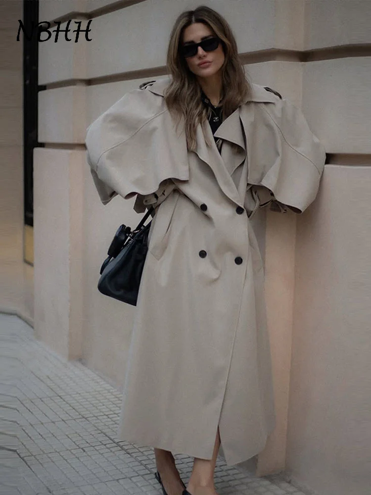 Trench lungo da donna elegante con cintura risvolto ampio doppio petto cappotti a maniche lunghe 2025 Autunno Lady Chic Commute Outwear 1