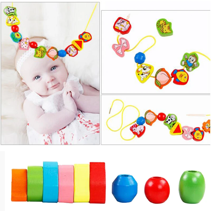 Educational Wooden Toys For Kids DIY Cartoon Fruit Animal Stringing