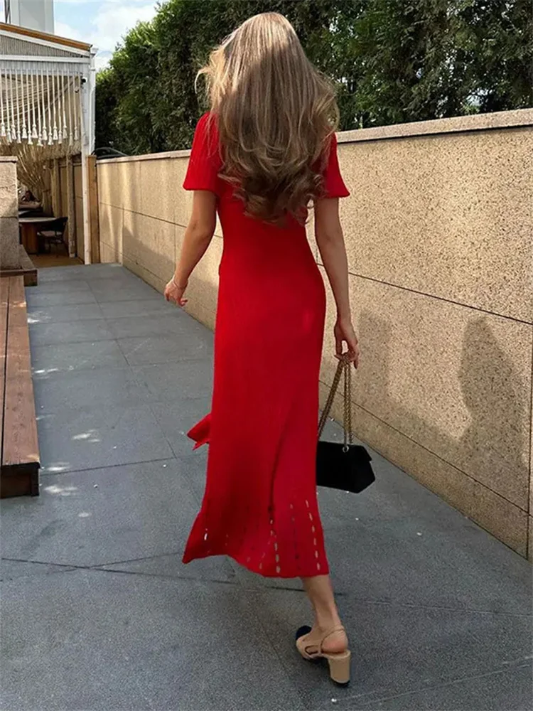 V-Neck Knit Contrast Long Dress Women Hollow Out Lapel Fashion High Waist Elegant Party Dress Knitwear Ladies Maxi Dress