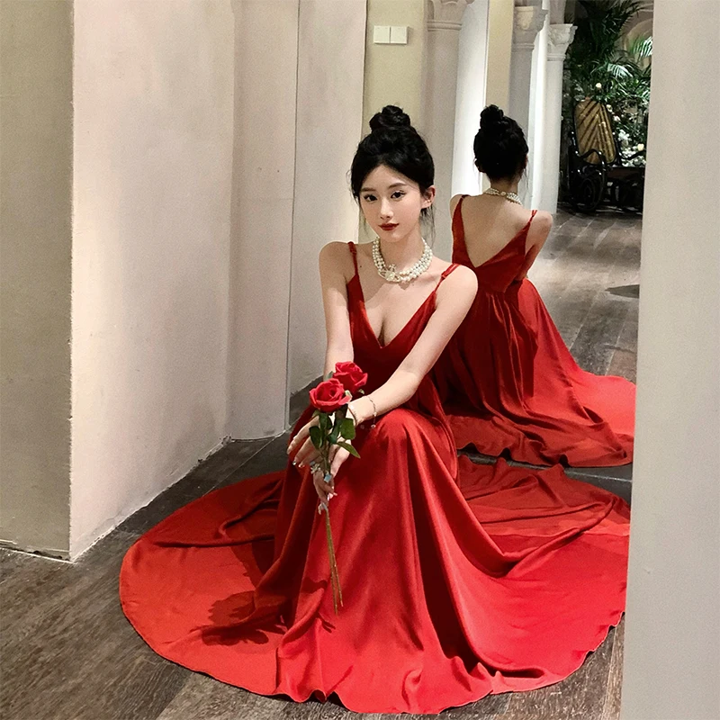 Sexy Spaghetti Strap Evening Party Dress V-neck A-line Solid Vintage Long Dresses for Women Wedding Prom Robe One Piece Vestidos