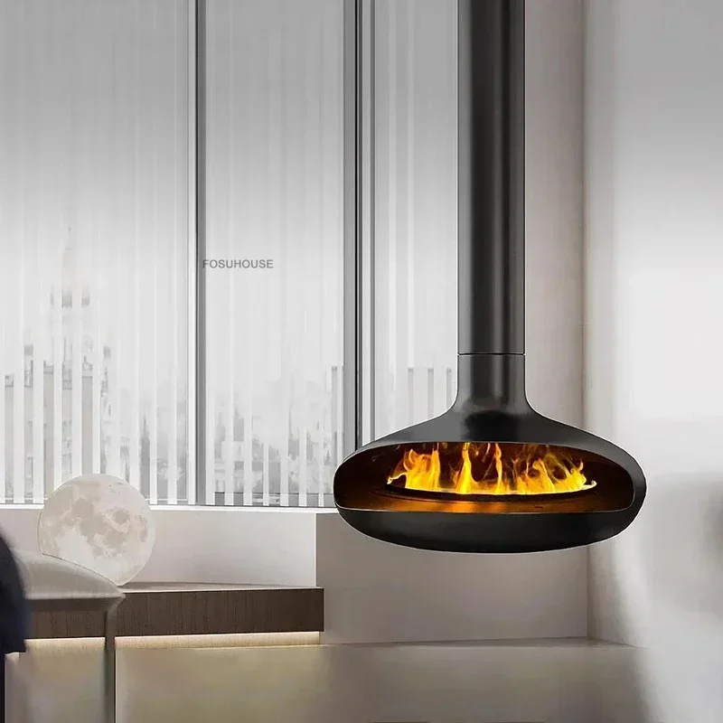 เตาผิงทรงยูเอฟโอแบบแขวน ดีไซน์ยุโรป เตาผิงจำลองเปลวไฟ ของตกแต่งบ้านหรูหรา เตาทำความร้อนสำหรับวิลล่า พร้อมปล่องไฟ 1