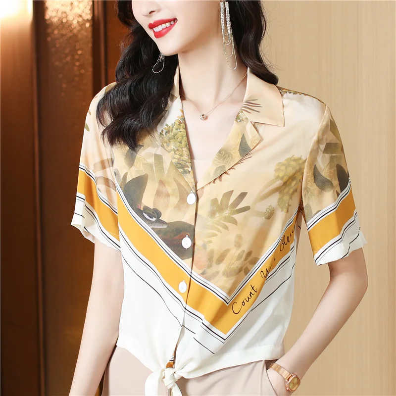 

Satin Vintage Women's Shirt Summer Silk Prints Blouses Short Sleeve Loose Women Tops Polo-neck Fashion Clothing YCMYUNYAN