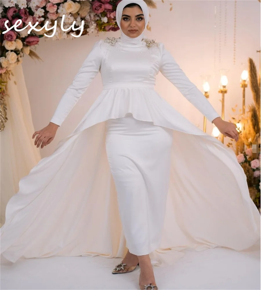 

Muslim Mermaid Wedding Dresses With Overksirt Train 2024 High Neck Long Sleeve Dubai Arabic Bridal Dress Beaded Muslimah Bride