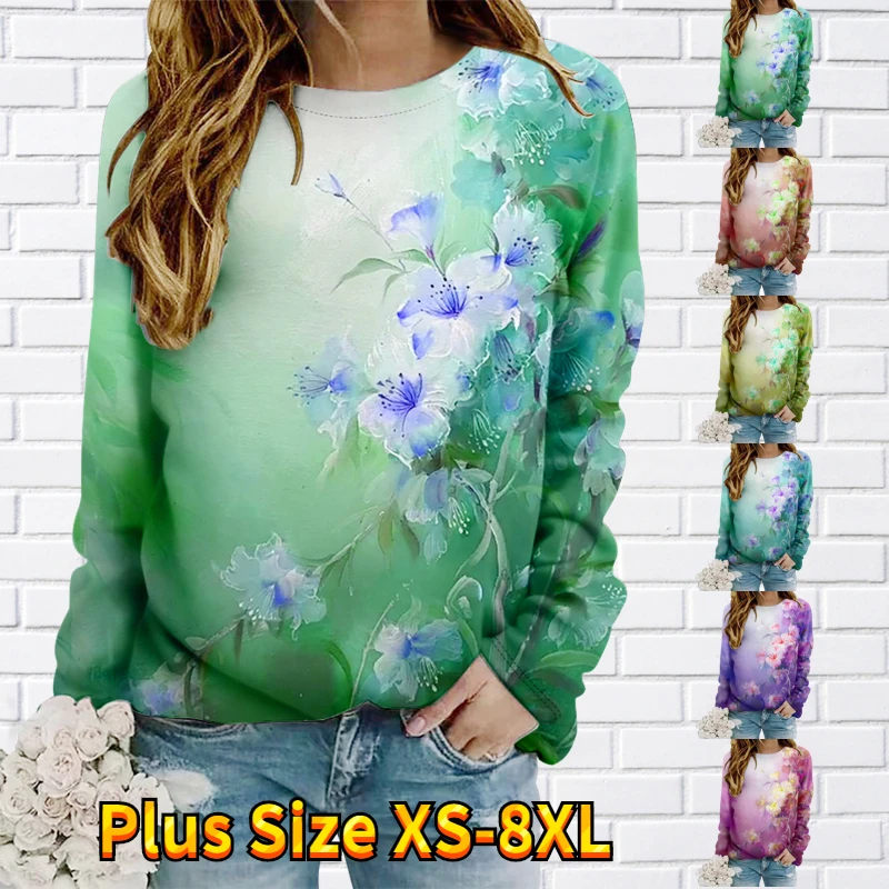 

2022 Floral Print Pullover Autumn Women Loose Size Tee Fashionable Casual Long Sleeve Winter Round Neck Elegant Loose Sweater