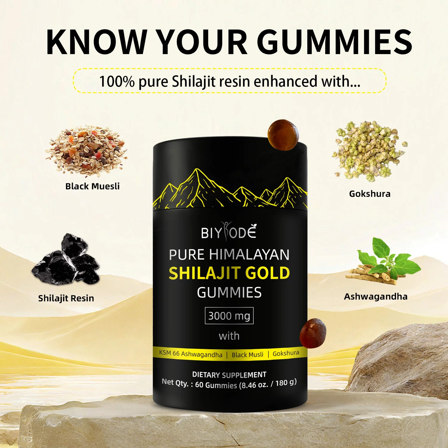 BIYODE 3000mg Himalayan Shilajit Resin Gummies Energy Boost Help With Muscle Recovery Reduce Fatiguesupplement Vegetarian