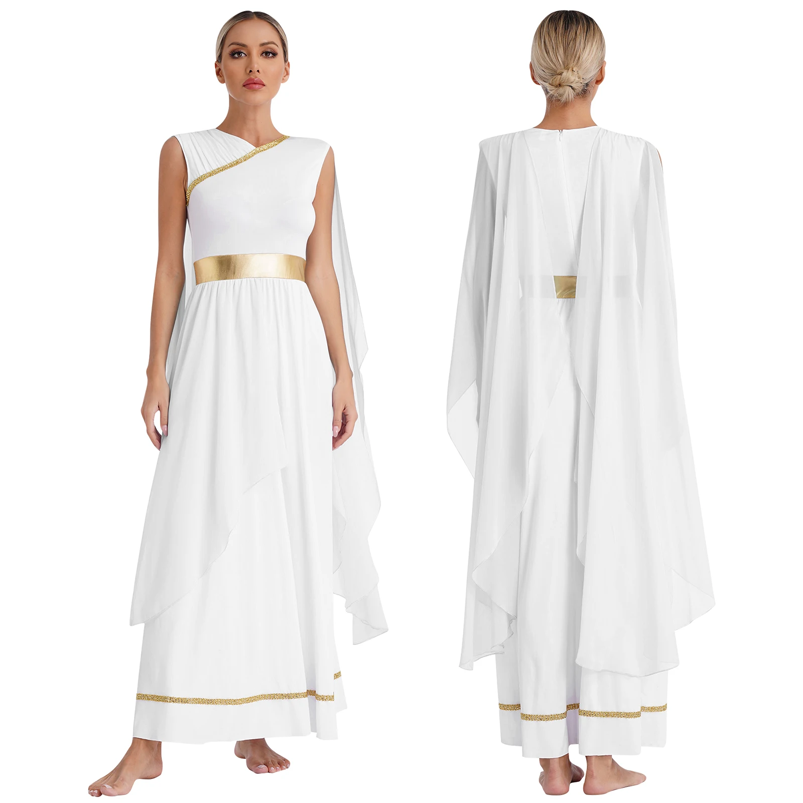 

Womens Greek Deity Cosplay Costume Chiffon Gold Trim Ancient Greece Roman Princess Queen Toga Dress Carnival Party Dress Up