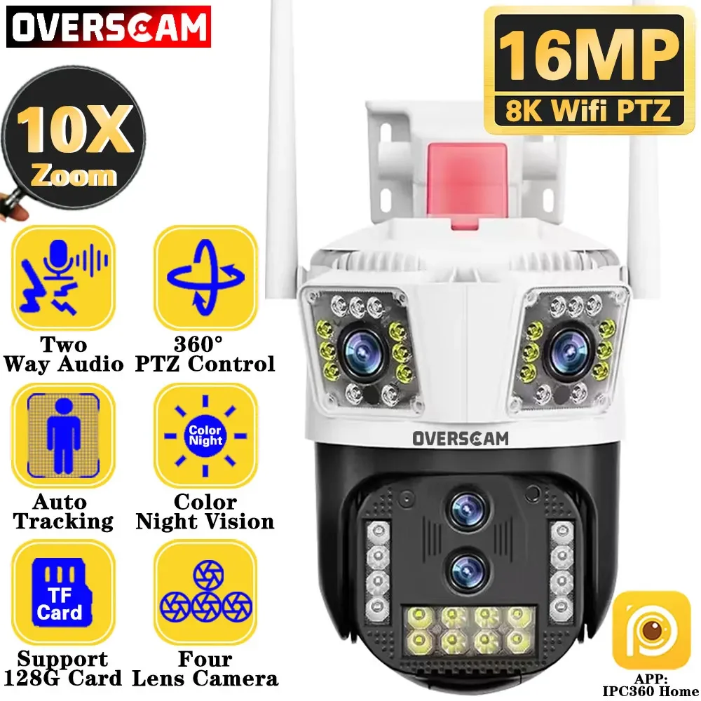 IPC360 Home Smart 16MP 8K WIFI Surveillance Camera With 10X Zoom AI Auto Tracking Four Lens Wireless 360 Outdoor Security Camera 4mp icsee dual lens wifi security camera auto tracking 8x zoom speed dome outdoor ptz ip camera waterproof