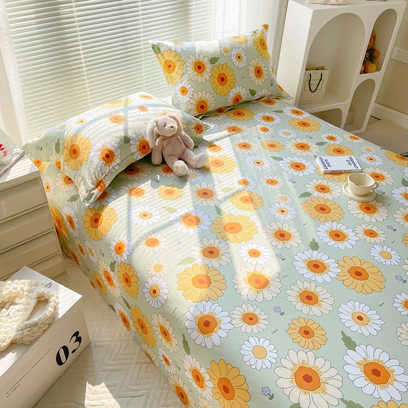 Daisy Cotton Sheet Set Queen Size Kids Room Botanical Flower Bedding Set Bed Sheets and Pillowcases Flat Sheet for Bedroom Decor 4