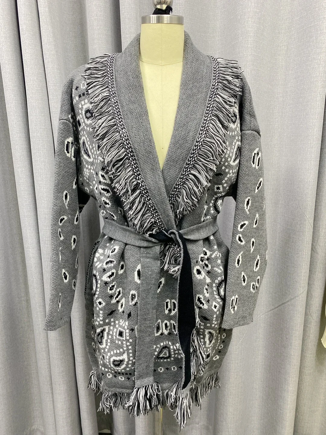 Boho Inspired Women's elegant Belt cashmere cardigan women High quality Wool Tassels jacquard grey knit cardigan long oversized 3