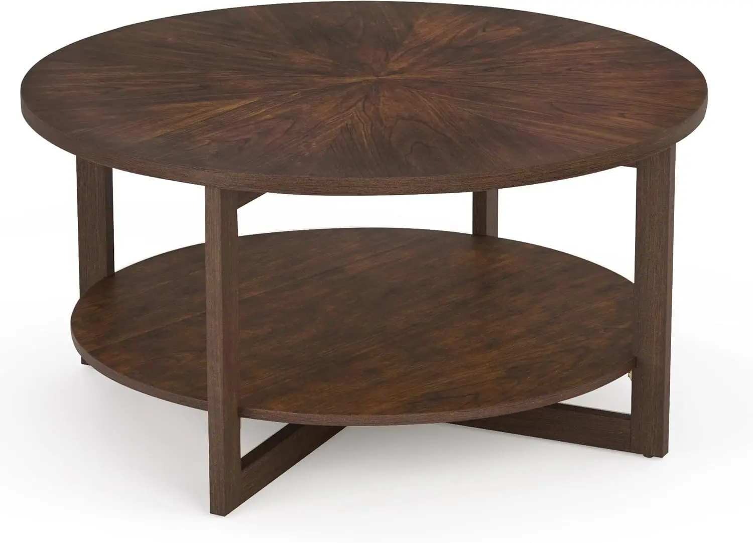 Round Coffee Table,35"Rustic Modern Circle Coffee Tables with 2-Tier Storage Shelf,Wood Coffee Table for Living Room,Dark Walnut
