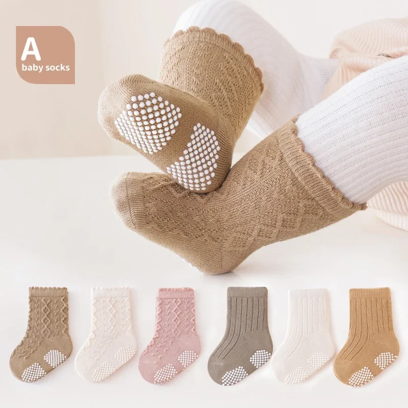 New 3 Pairs/Lot Autumn Winter 0-5Y Baby Boys Girls Non-Skid Embroidery Cartoon Socks Children Pure Cotton Solid Gripper Socks 2