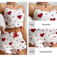 Women's Pajamas Set Sleepwear 2 PCS Short Tank Tops And Shorts S M L White Ventilate Soft Casual Love Printing 4