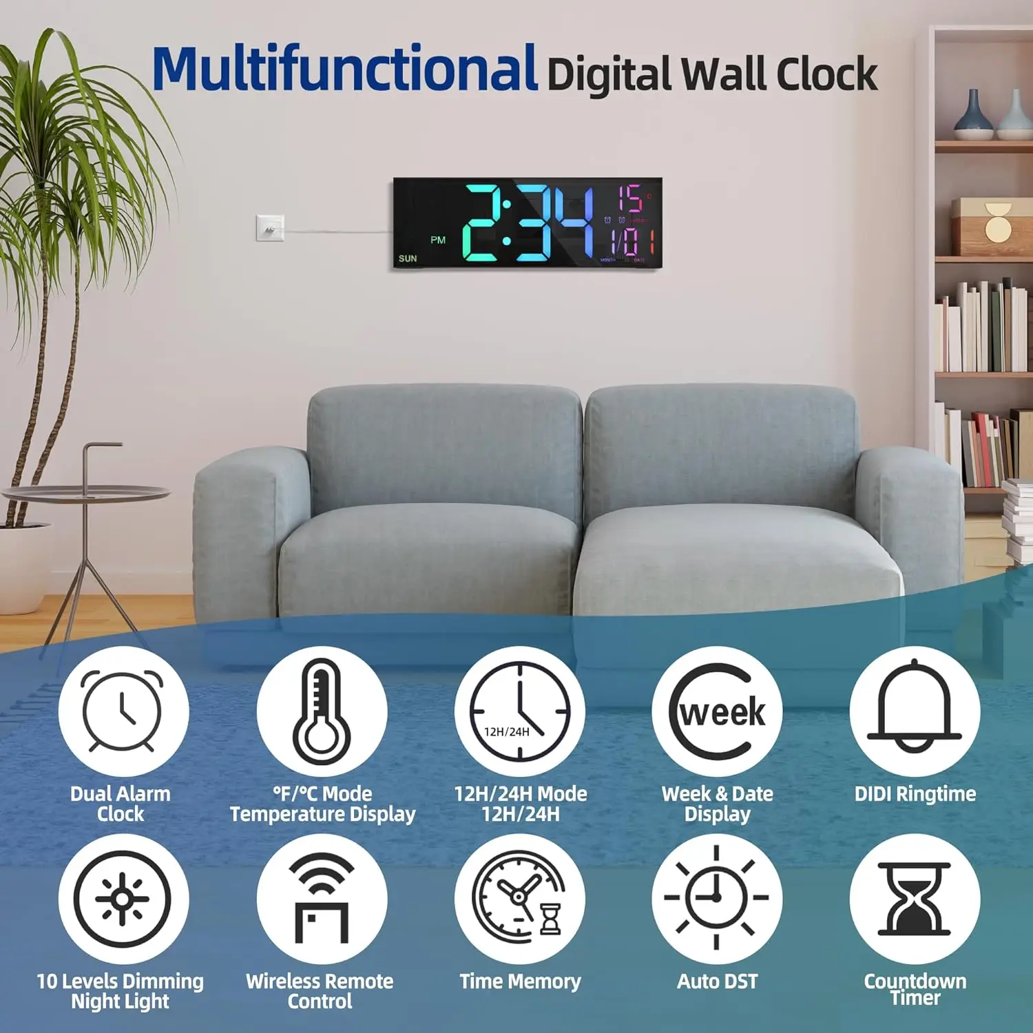 Large LED Digital Alarm Clock with Remote Control and Colors 6