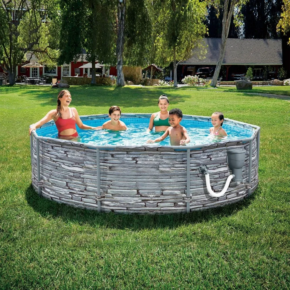 

Active Frame Stone Slate Print Metal Frame Outdoor Backyard Above Ground Swimming Pool Set with Filter Pump, Ladder
