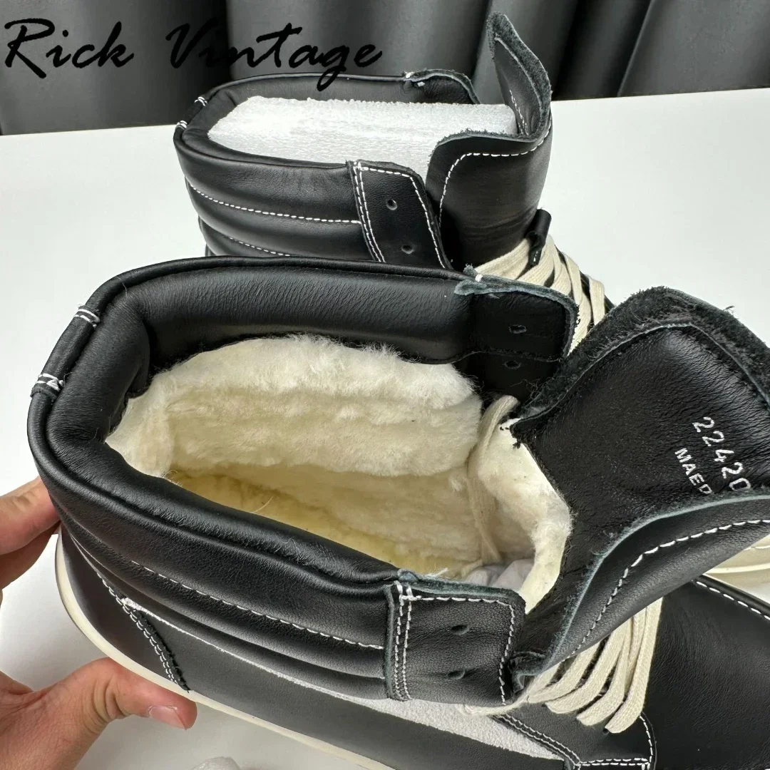 Rick Vintage Natural Wool Winter Warm Sneakers High Top Casual Shoes for Men Platform Flat Leather Wool Boots Man Luxury