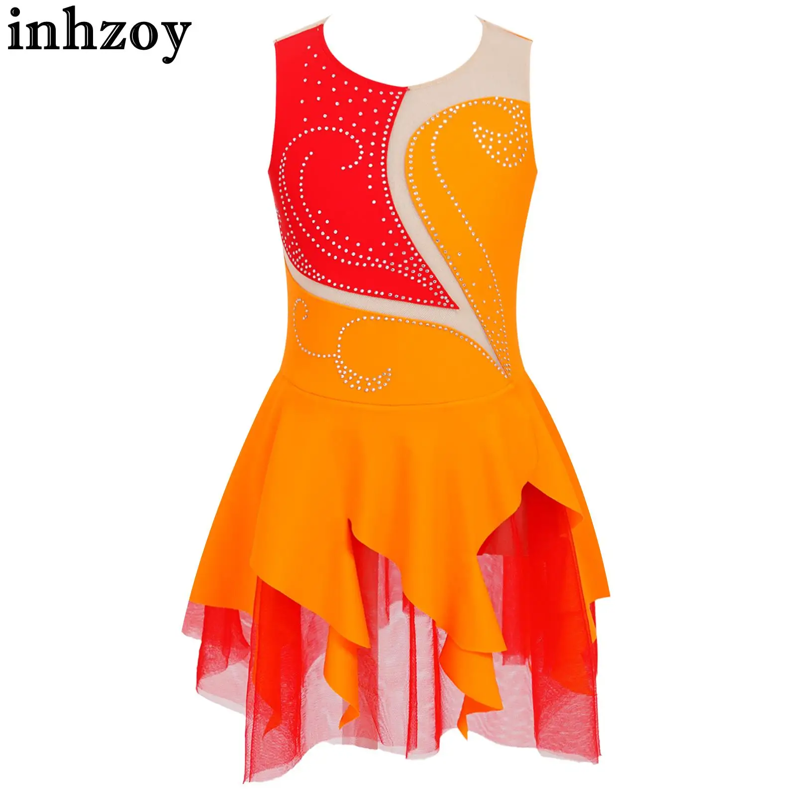 

Kids Girls Gymnastic Dance Dress Sleeveless Rhinestone Decor Patchwork Dress Figure Ice Skating Performance Competition Costume