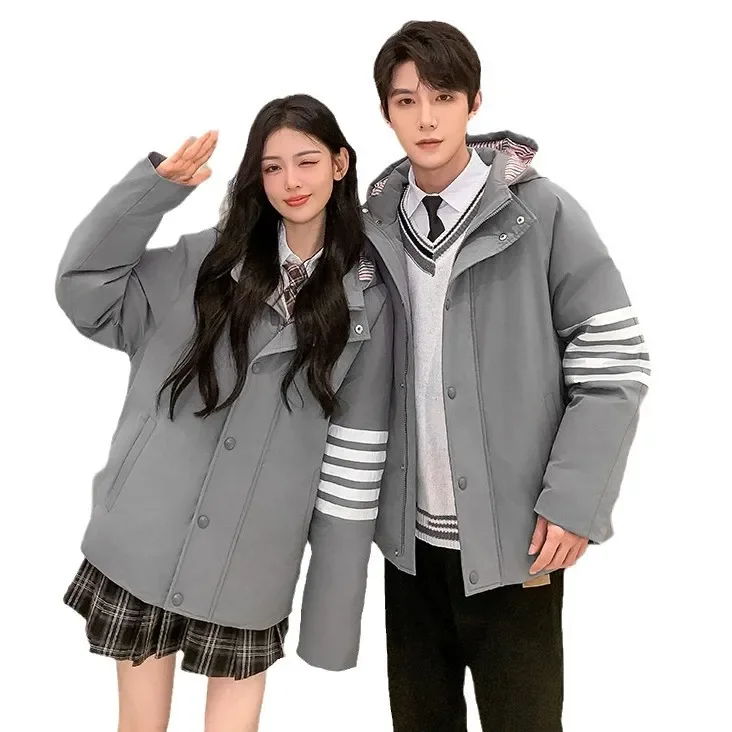 Top Grade Men's Women New Arrivals Fashion Korean TB Classic Gray Down Jackets preppy style Winter Warm Down Coat casual Parker