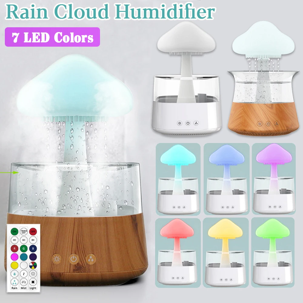

Mushroom Rain Air Humidifier Electric Aroma Diffuser Rain Cloud Smell Distributor Relax Water Drops Sounds Colorful Night Lights
