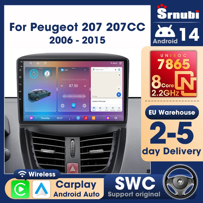 CarPlay Android Auto para Peugeot 207 207CC 2006-2015 Reproductor Multimedia Estéreo Audio Autoradio de 9 pulgadas con Pantalla QLED 4G 1