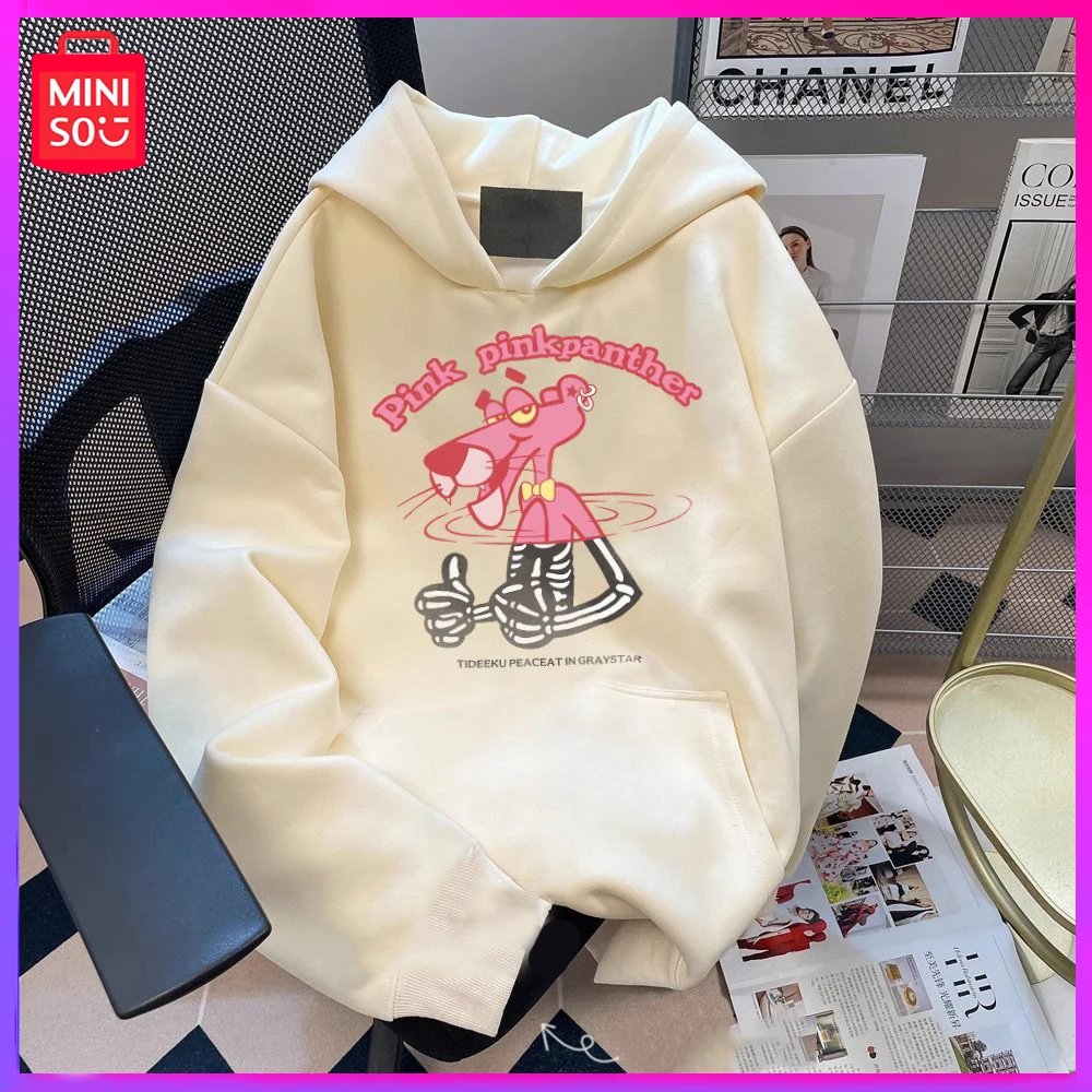 

Miniso Street Hip-Hop Fashion Brand Pink Panther Pure Cotton Hoodie for Men and Women New Autumn and Winter Lovers Loose Coat