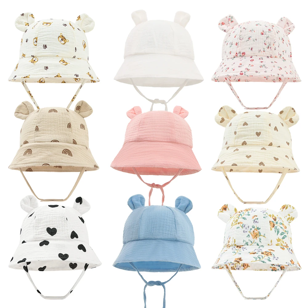 Newborn Baby Hat Summer Muslin Infant Bucket Hats for Girls Boys Cute Printed Fisherman Caps