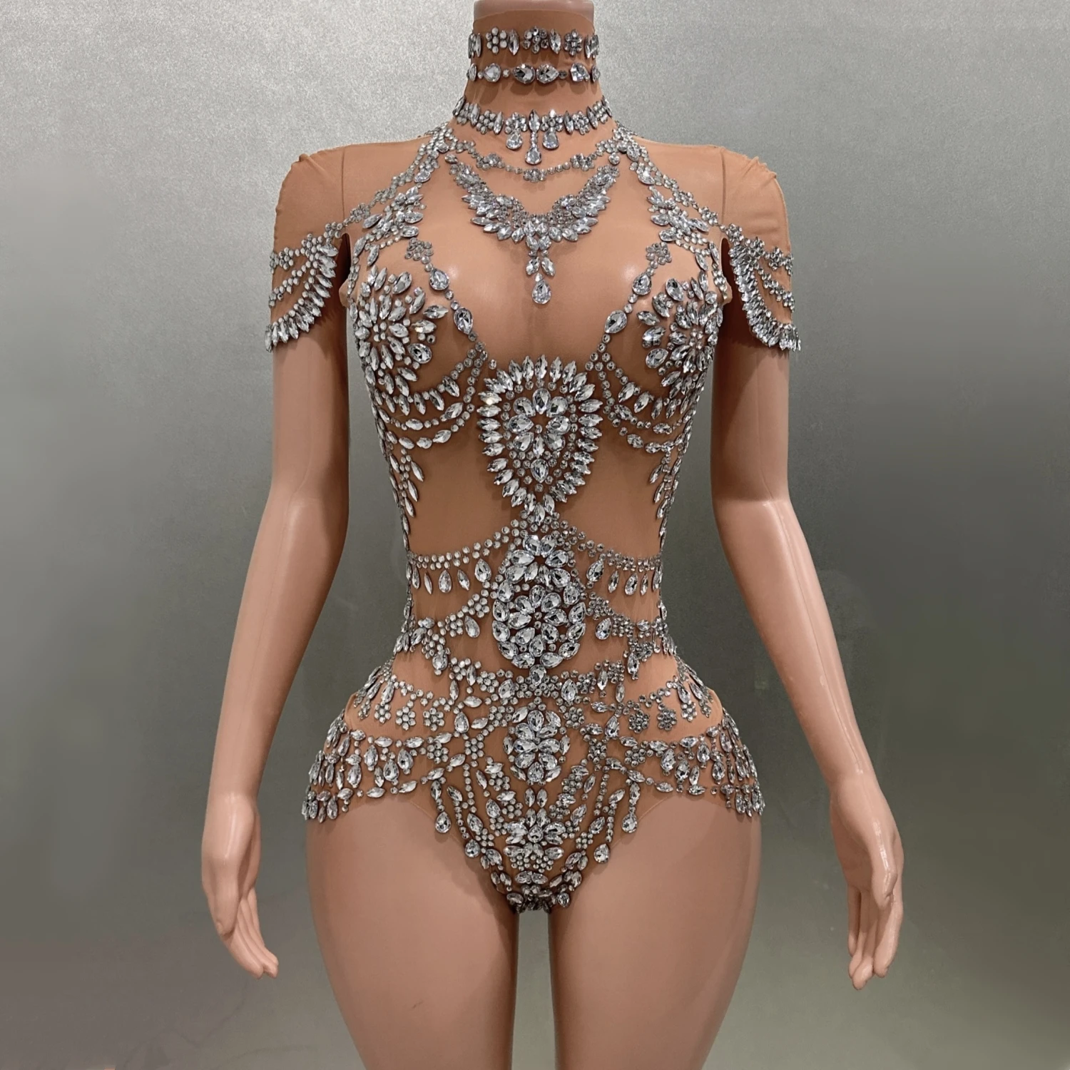 Stage Costume Luxury Rhinestones Sexy See-Through Sheath Bodysuit Evening Party Bar Nightclub Singer Dancer Performance Wear