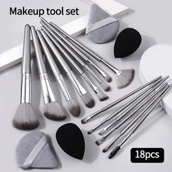 Portable 14 - Piece Makeup Brush Set with Dual - Use Sponges and Triangle Powder Puffs (Silver)