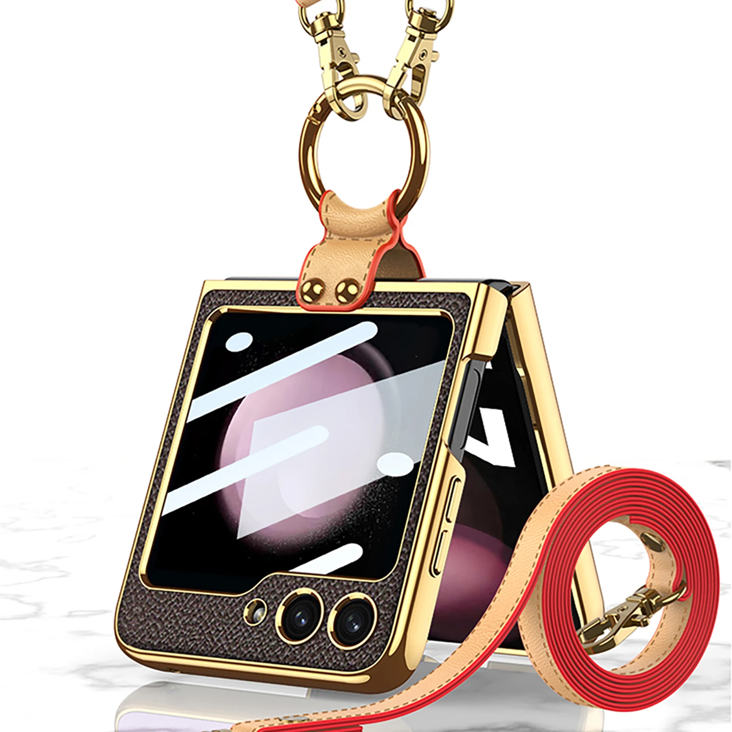 

Чехол с длинным ремешком для Samsung Galaxy Z Flip 5 Flip5 4, кожаный чехол с покрытием и кольцом на палец и стеклом для объектива
