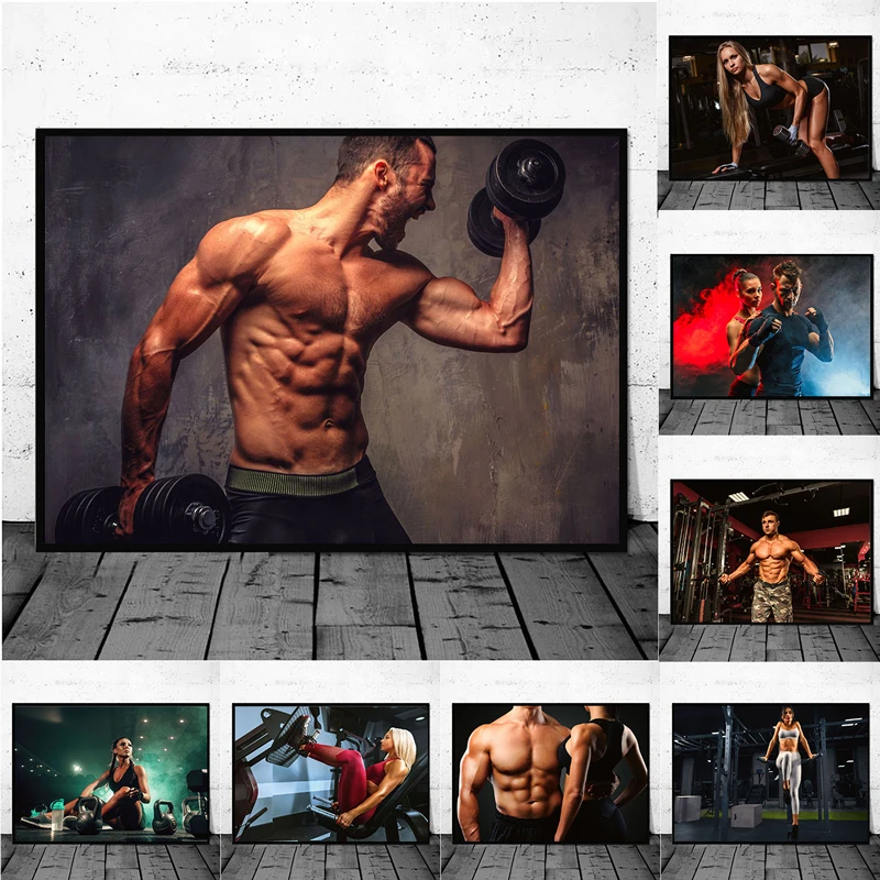 Bodybuilding Fitness Male Female Canvas Poster Print Inspirational Workout Wall Art Picture Gym Training Room Decoration