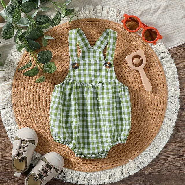 Baby Summer Girls Cute Sleeveless Green Plaid With Button Cotton Soft Jumpsuit Outdoor Clothing 1