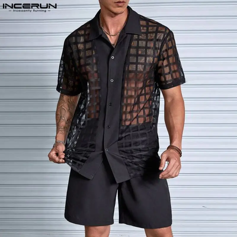 

2024 Men Shirt Mesh Plaid Patchwork Transparent Lapel Short Sleeve Streetwear Men Clothing Summer Fashion Camisas S-5XL INCERUN