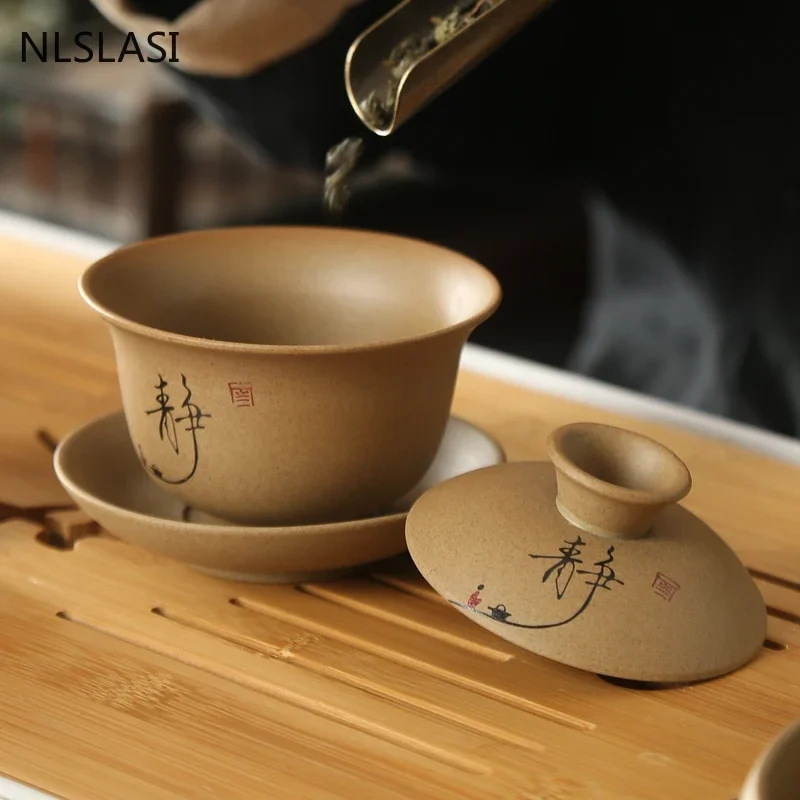 Hand-painted Landscape Gaiwan Ceramics Tea Bowl with Saucer Lid Kit Master Tea Tureen Teaware Drinkware 150ml