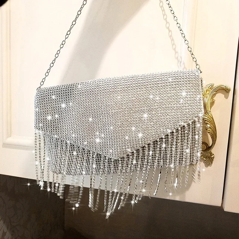 

Bag Purse ZD1770 Chain Envelope Luxury Clutch Silver Evening Shoulder Tassel Design Women Diamond Wedding Bag Bag Bridal