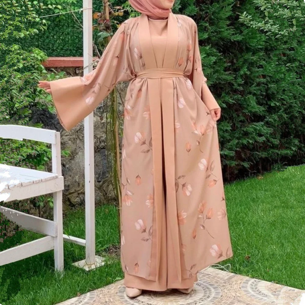 Abaya Robe Longue Imprimée avec Ceinture pour Femme, Tenue Musulmane