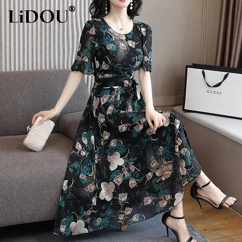 

2023 Summer Round Neck Short Sleeve Floral Printing Chiffon Midi Dress Women Korean Style Bandage Ruffles Pleated A-line Skirt