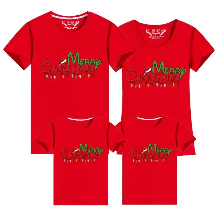Camiseta de fiesta navideña familiar, camisetas unisex de algodón para niños, ropa de vacaciones familiares a juego, camisetas navideñas de manga corta con cuello redondo