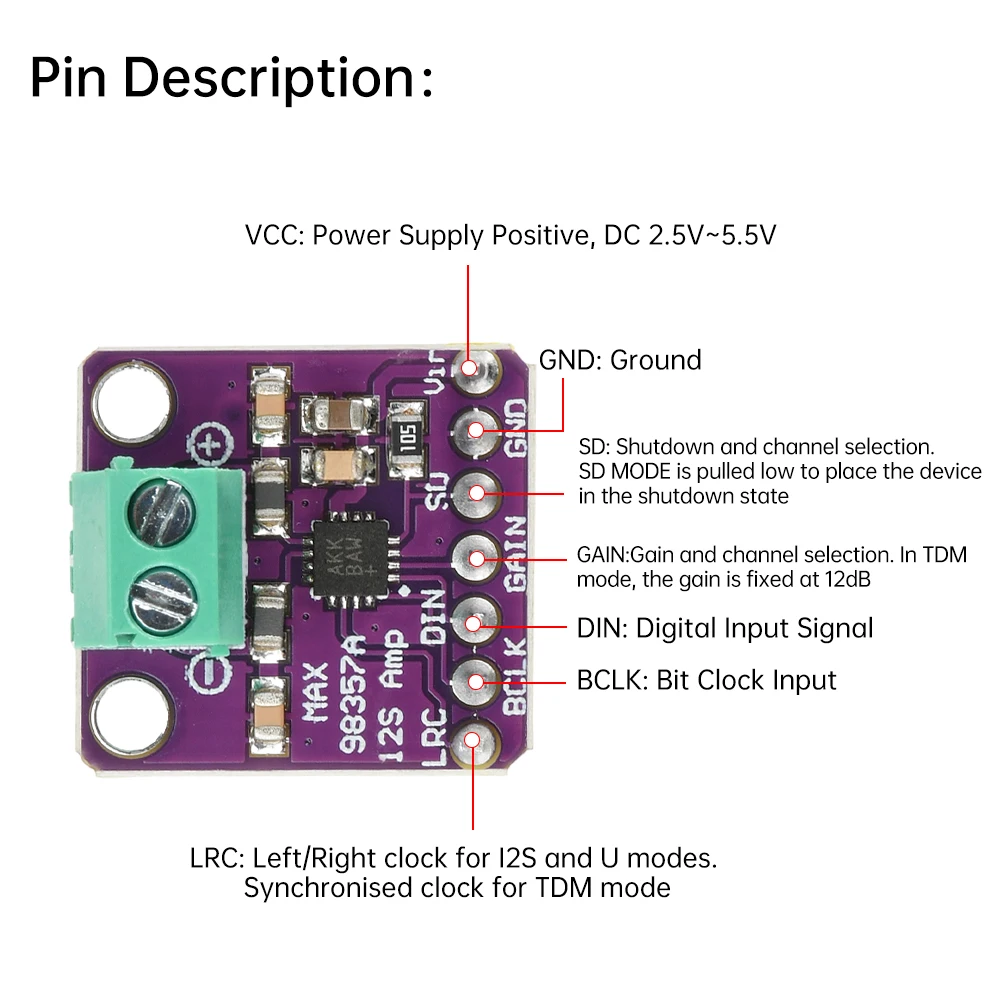 MAX98357 I2S/BGA Audioverstärkermodul Audioverstärker Filterlose Verstärkerplatine der Klasse D für Raspberry Pi ESP32 – Detail 19