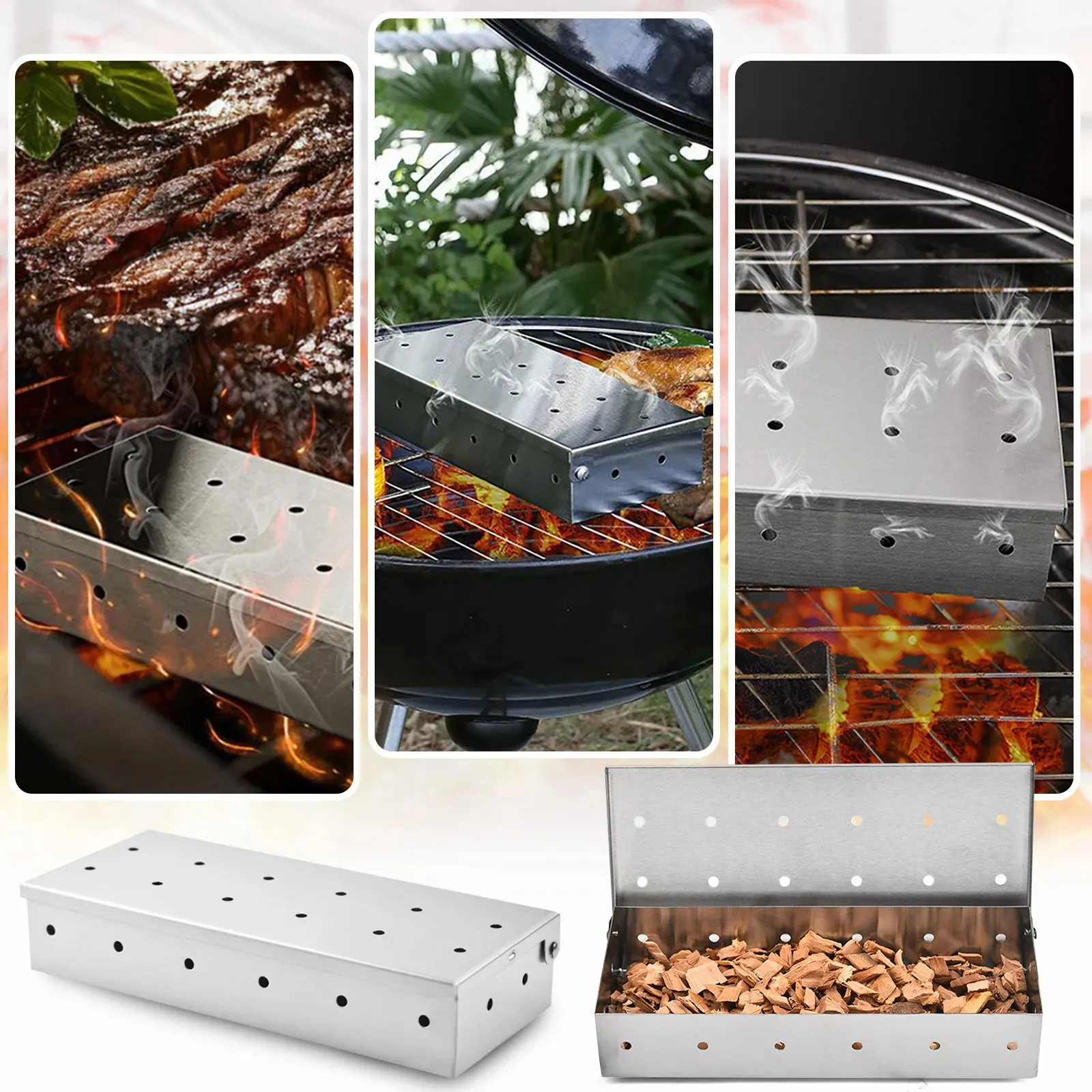E2 BBQ Accessories Outdoor Stainless Steel Smoker BOX Smoke Fruit Box Kitchen Gadget Grill Accessories Bbq Smoker Pellet