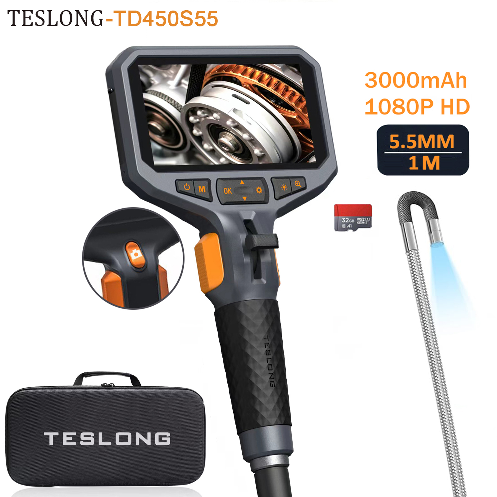 TESLONG TD450S 5.5MM Articulating Borescope 1080P 5 Inch IPS Two Way 360Â° Steering Endoscope Camera 1m Stainless Steel Tube