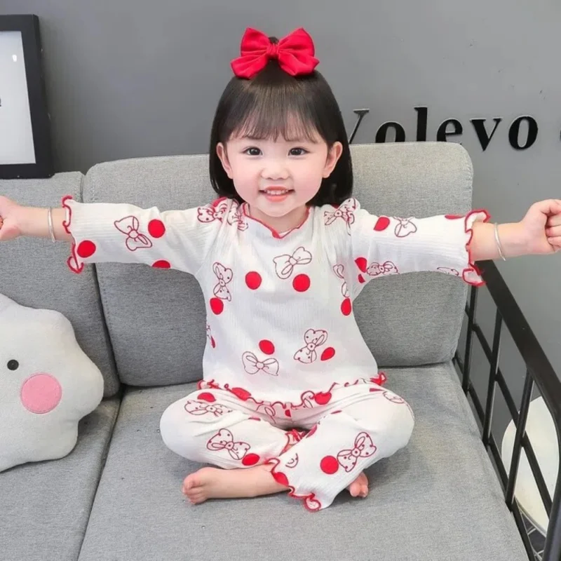 Spring Fall Baby Long Sleeved Set Girls Thin Home Clothing Children's Pajamas and Pants Two-Piece Set