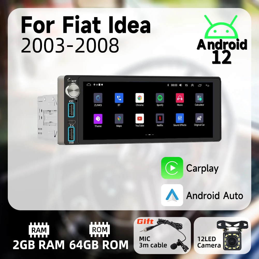 

Автомагнитола Carplay 1Din, мультимедийная система на Android для Fiat Idea 2003-2008, стерео, головное устройство с экраном 6,86 дюйма, Авторадио, GPS-навигация, BT, Wi-Fi